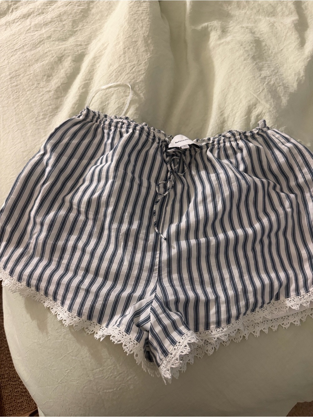 Reformation Blue and White Striped Lace-Trim Shorts - Picture 4 of 5